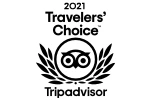 The image shows the "2021 Travelers' Choice" award logo from Tripadvisor, featuring an owl icon surrounded by laurel leaves. logo on footer section.