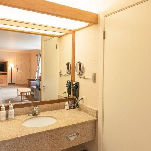 The image shows a bathroom with a countertop sink, toiletries, and a mirror reflecting a room with furniture, a TV, and an open door.