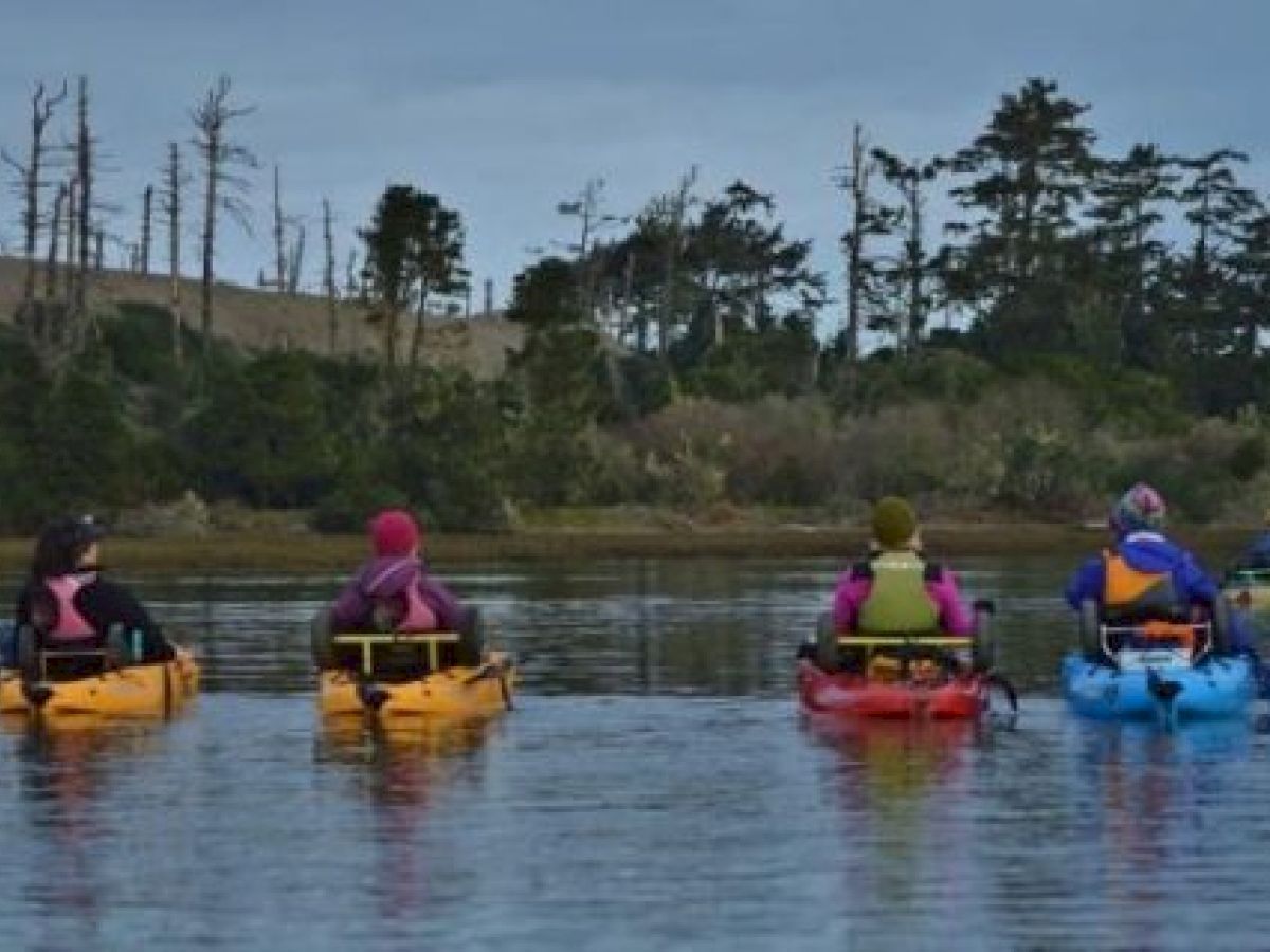 A group of people in colorful kayaks paddle on a calm body of water, surrounded by trees and a cloudy sky in the background.