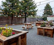 An outdoor rustic seating area with wooden planters, picnic tables, string lights, gravel ground, and trees in a cozy yard.